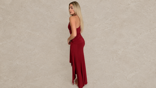 Vera Twist Halter Keyhole Maxi Dress in Wine Ice & Rose