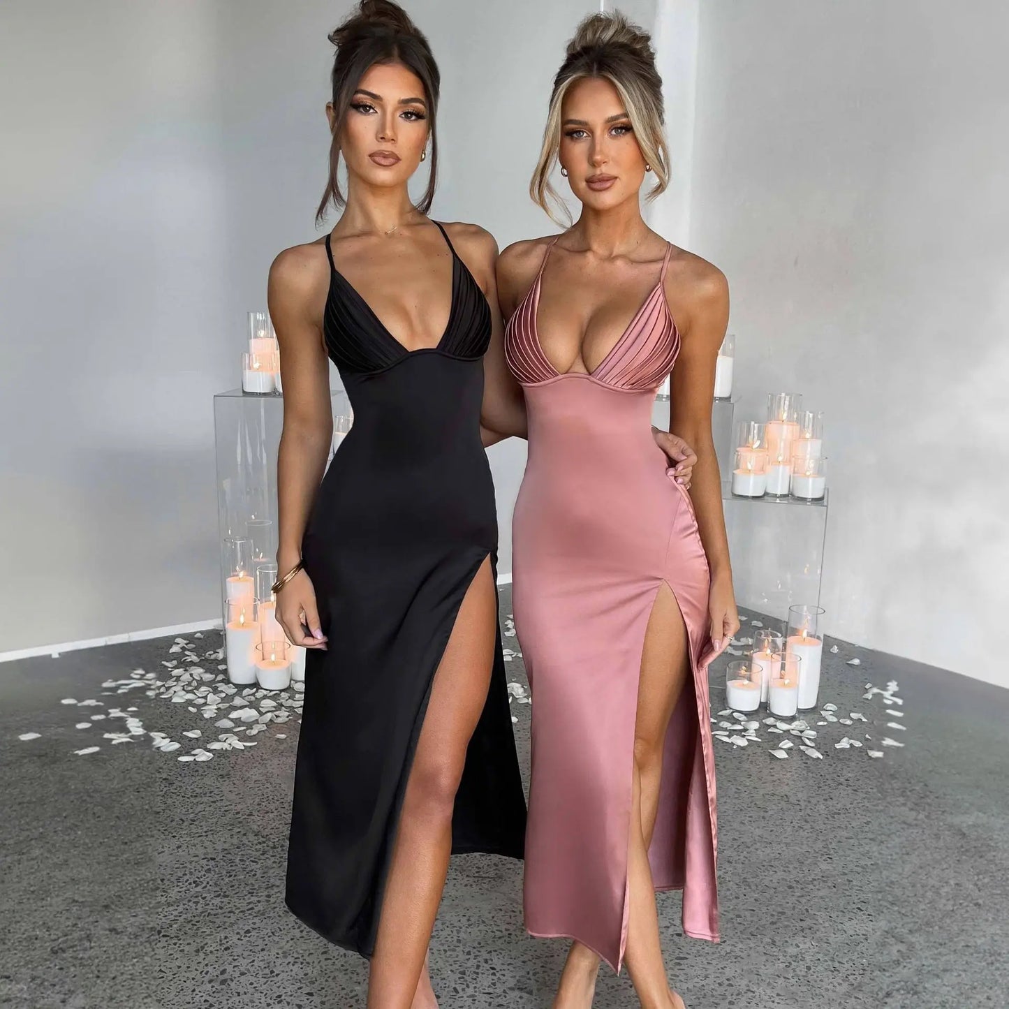 Spaghetti Strap Dress With Split Design Deep V-neck Sleeveless Backless Bodycon Party Dresses Ice & Rose