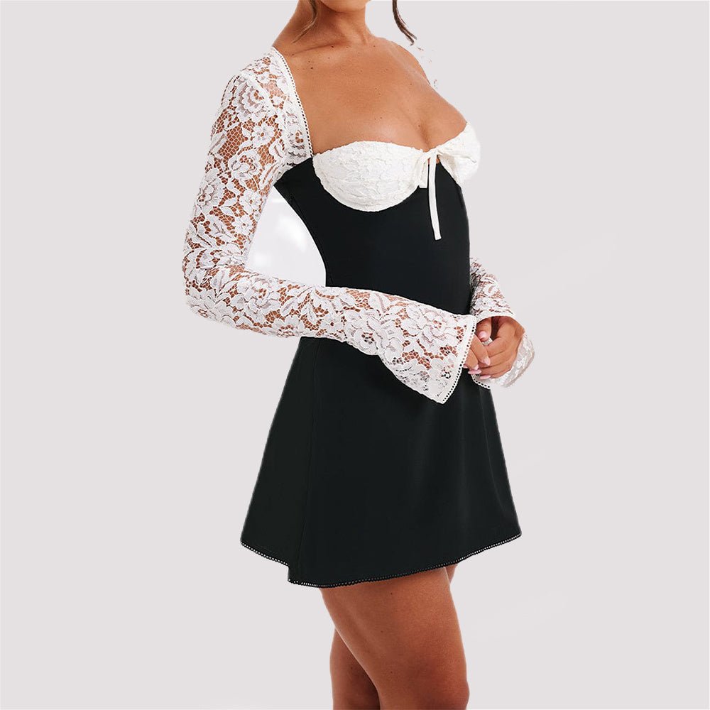 Long Sleeve Lace Dress with Contrast Detailing - Dresses - Ice & Rose