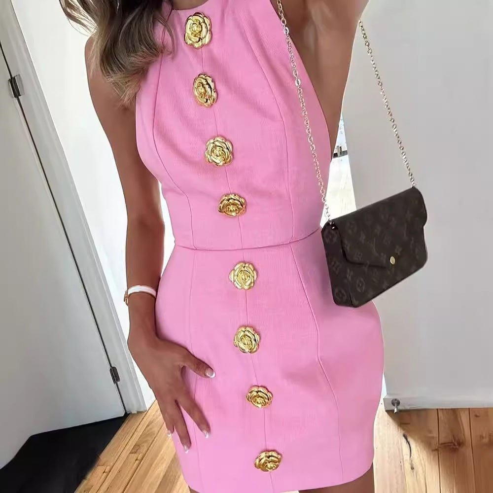 Low Back Mini Dresses with Gold Buttons - Cocktail Party Dress - Dresses - Ice & Rose