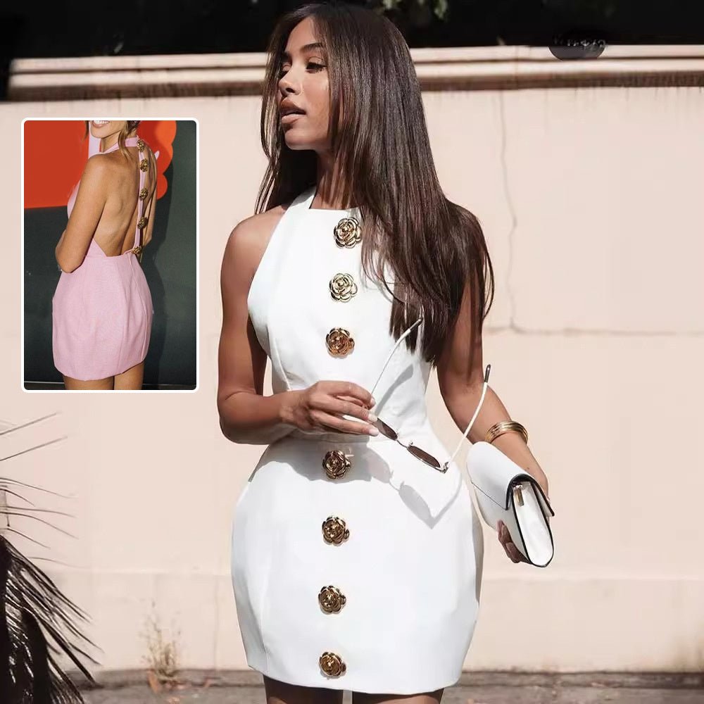 Low Back Mini Dresses with Gold Buttons - Cocktail Party Dress - Dresses - Ice & Rose