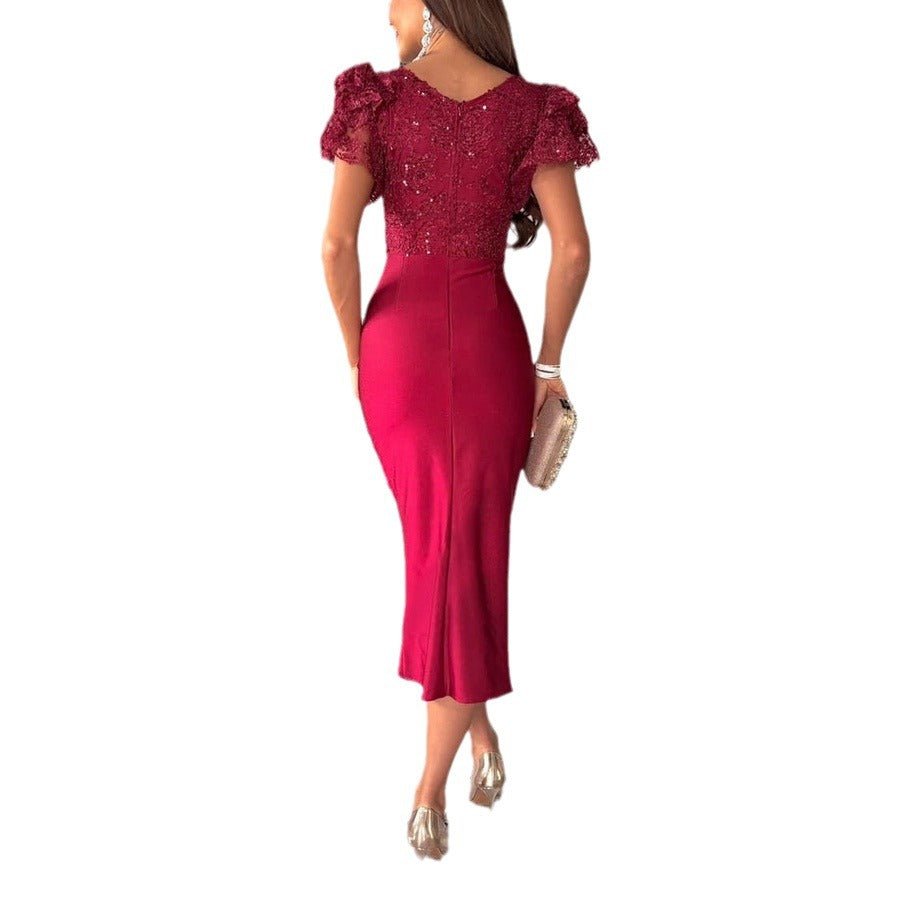 Luxury Lace And Ruffle Sleeve Ruched Midi Dress with Satin - Dresses - Ice & Rose