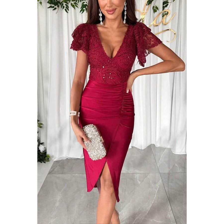 Luxury Lace And Ruffle Sleeve Ruched Midi Dress with Satin - Dresses - Ice & Rose