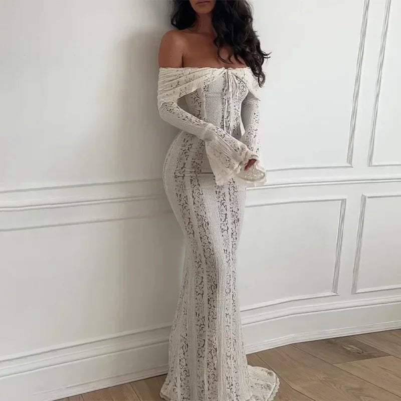 Off - Shoulder Lace Maxi Dress Long Sleeve - Dresses - Ice & Rose