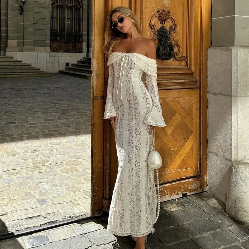 Off - Shoulder Lace Maxi Dress Long Sleeve - Dresses - Ice & Rose