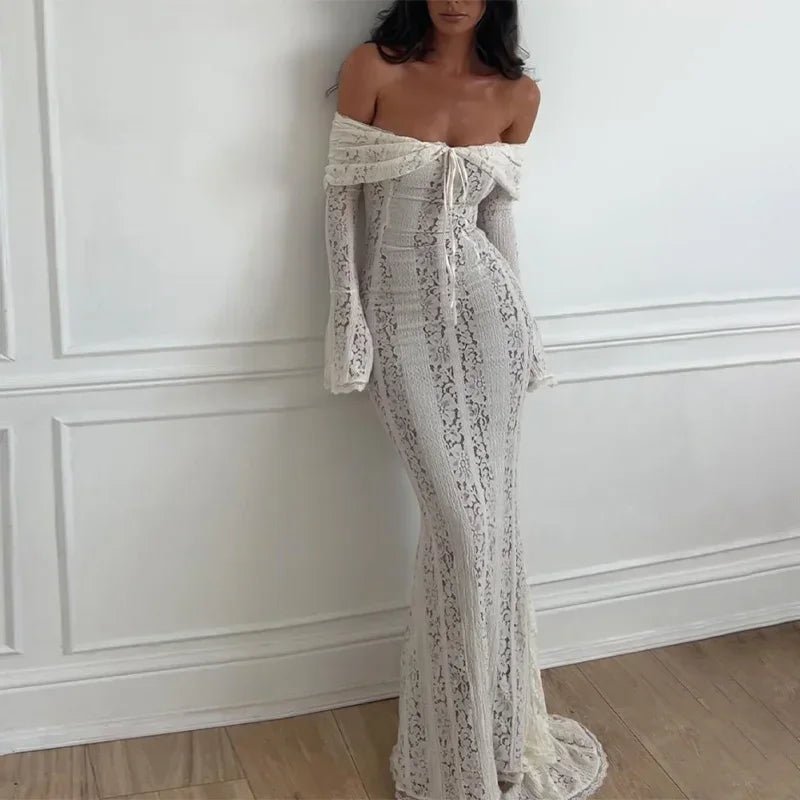 Off - Shoulder Lace Maxi Dress Long Sleeve - Dresses - Ice & Rose