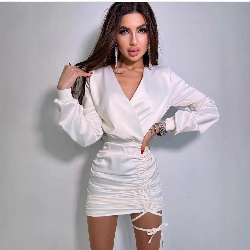V Neck Long Sleeves High Waist Ruched Dress - Dresses - Ice & Rose