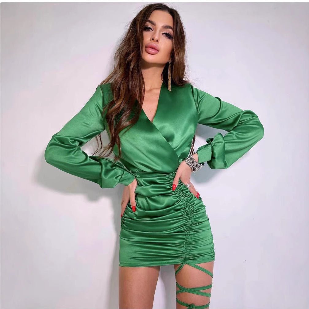 V Neck Long Sleeves High Waist Ruched Dress - Dresses - Ice & Rose
