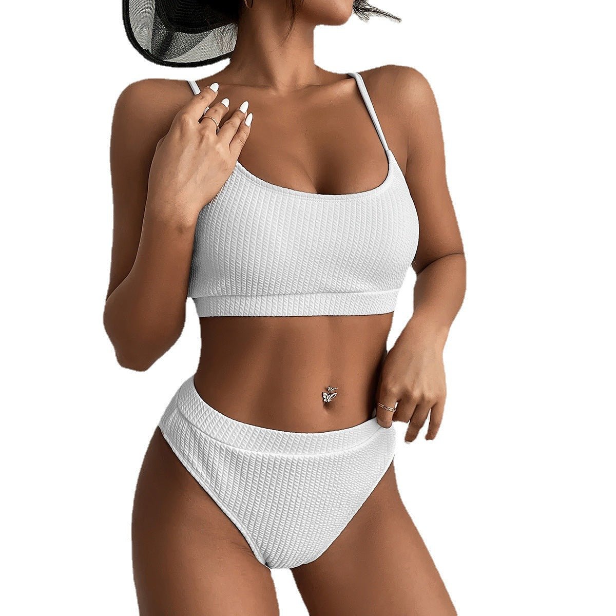 Ribbed Scoop Bralette & Banded High Waist Bikini Swimwear set - Swimwear-Ice & Rose