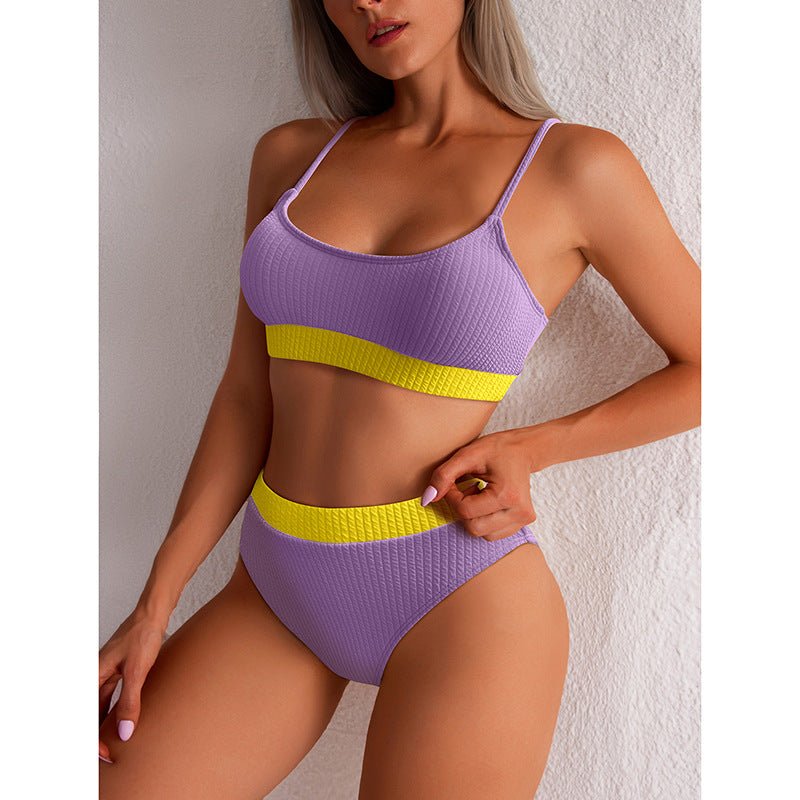 Ribbed Scoop Bralette & Banded High Waist Bikini Swimwear set - Swimwear-Ice & Rose