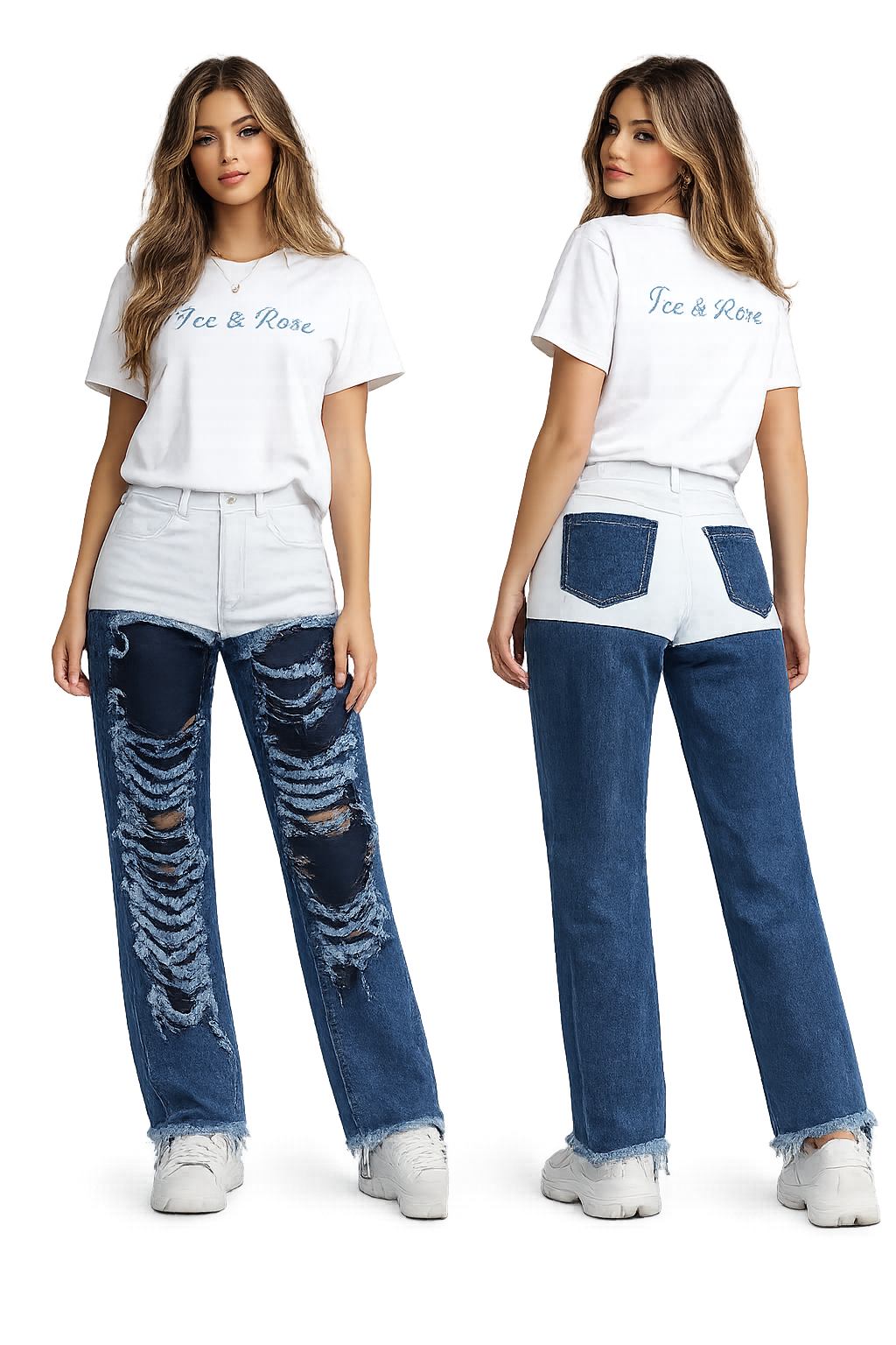 Two-Tone Distressed Wide-Leg Jeans Ice & Rose