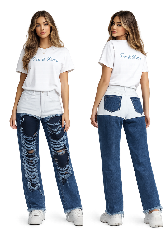 Two-Tone Distressed Wide-Leg Jeans Ice & Rose