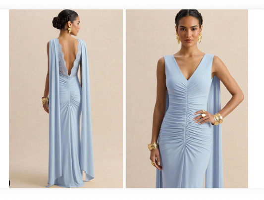 CASCADE Ruched Cape Maxi Dress Ice & Rose