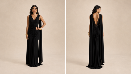 CASCADE Ruched Cape Maxi Dress — Black Ice & Rose