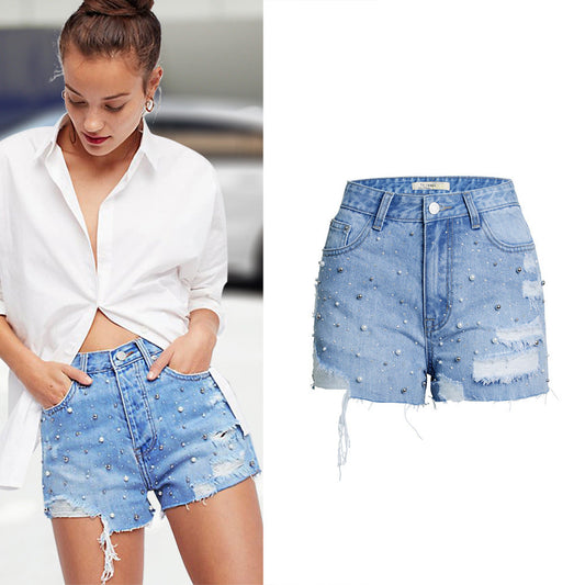 Rhinestone Pearl Distressed Denim Shorts – High Waist Light Wash Summer Essential Ice & Rose