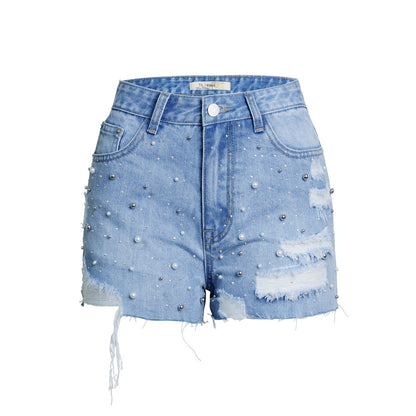 Rhinestone Pearl Distressed Denim Shorts – High Waist Light Wash Summer Essential Ice & Rose
