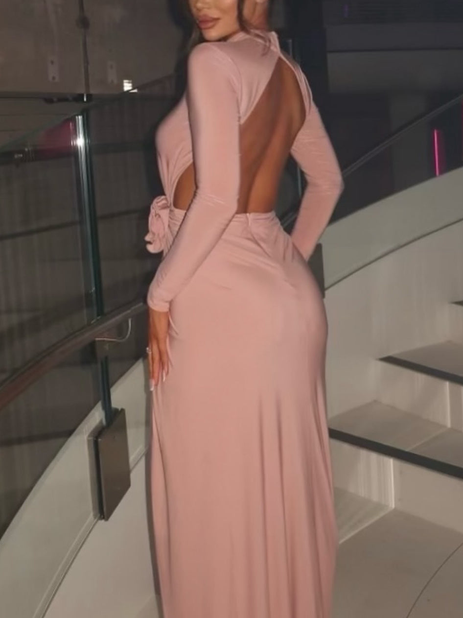 Backless Cutout Slit Three-dimensional Flower  Dress Ice & Rose