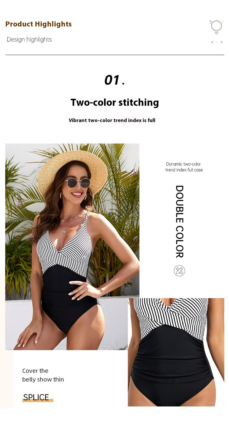 Amy Black & White Striped One-Piece Swimsuit Ice & Rose