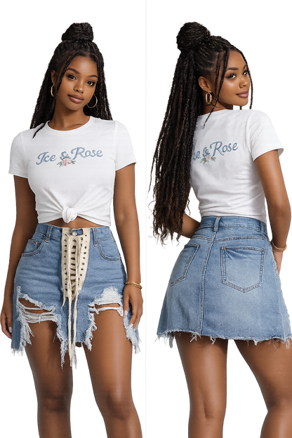The Lace-Up Distressed Denim Mini Skirt Jeans Ice & Rose