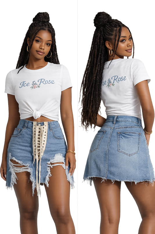The Lace-Up Distressed Denim Mini Skirt Jeans Ice & Rose