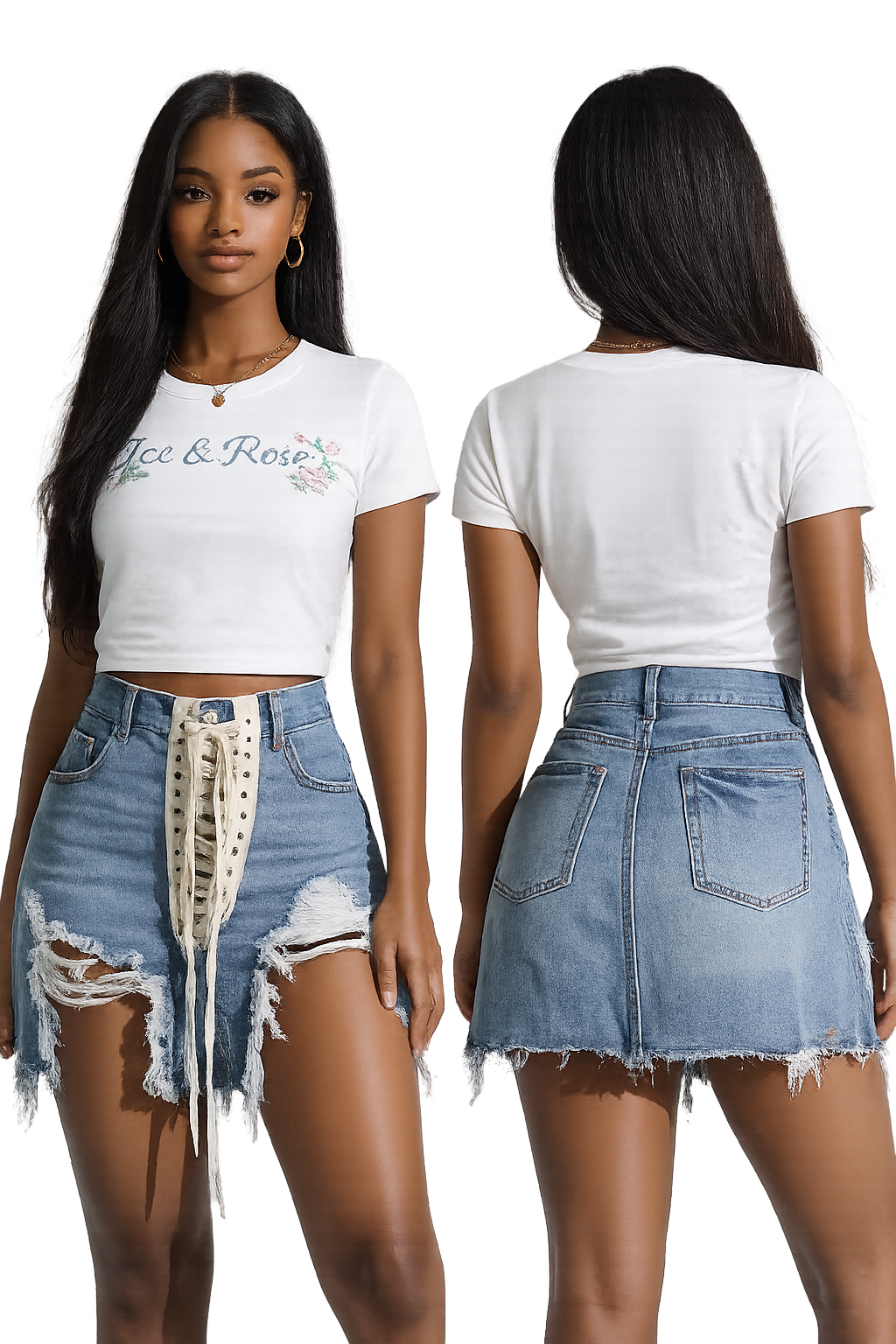 The Lace-Up Distressed Denim Mini Skirt Jeans Ice & Rose