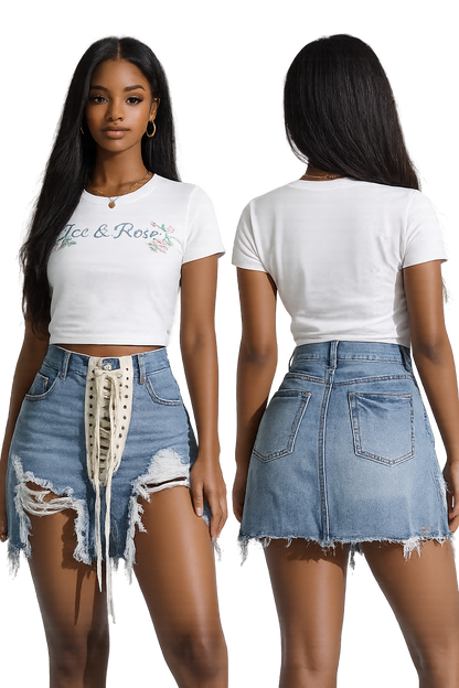 The Lace-Up Distressed Denim Mini Skirt Jeans Ice & Rose