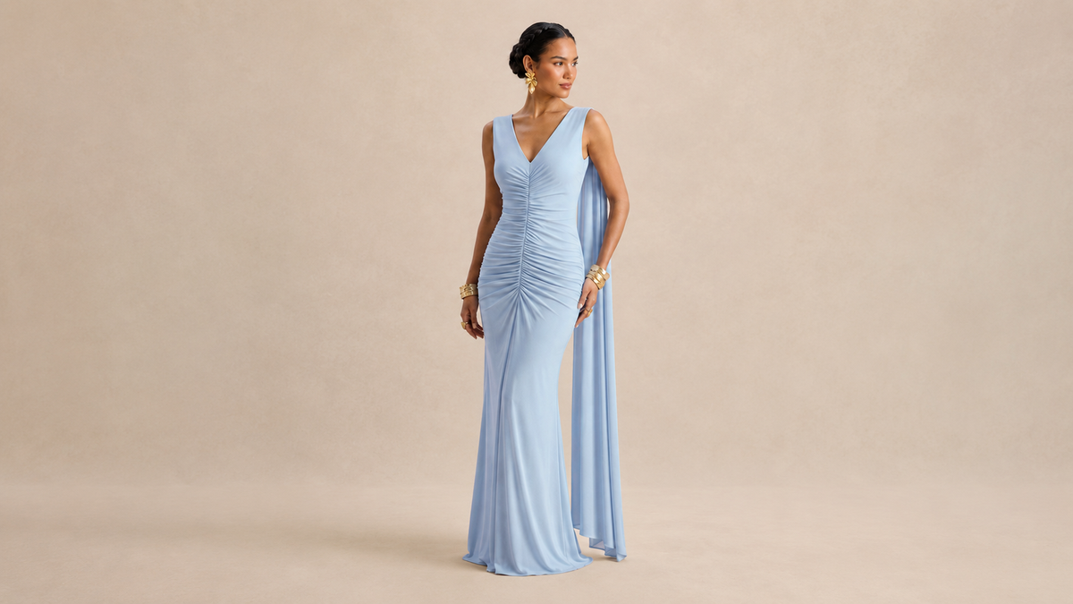 "CASCADE" Ruched Cape Maxi Dress Ice & Rose