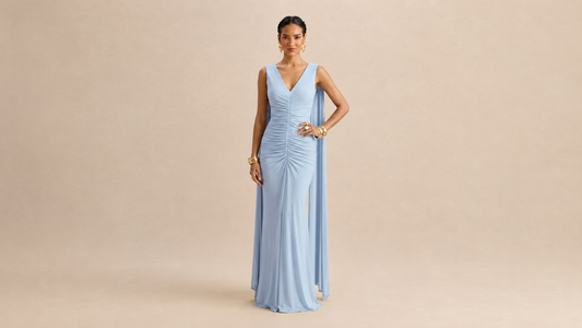 "CASCADE" Ruched Cape Maxi Dress Ice & Rose