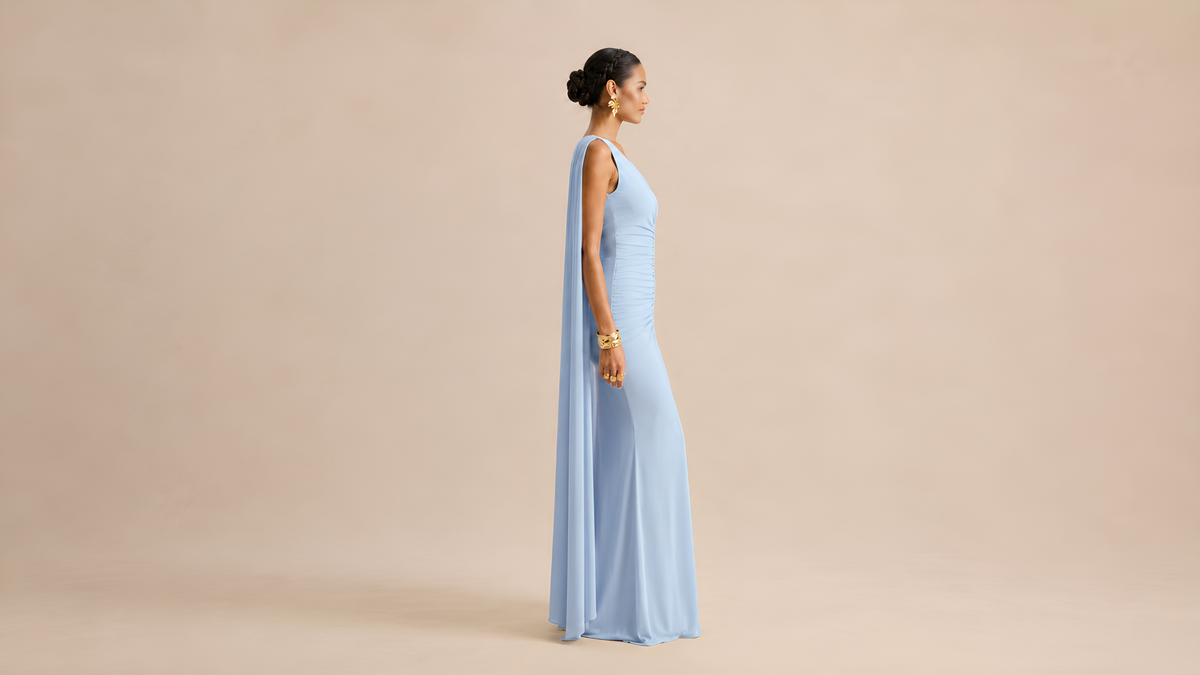 "CASCADE" Ruched Cape Maxi Dress Ice & Rose