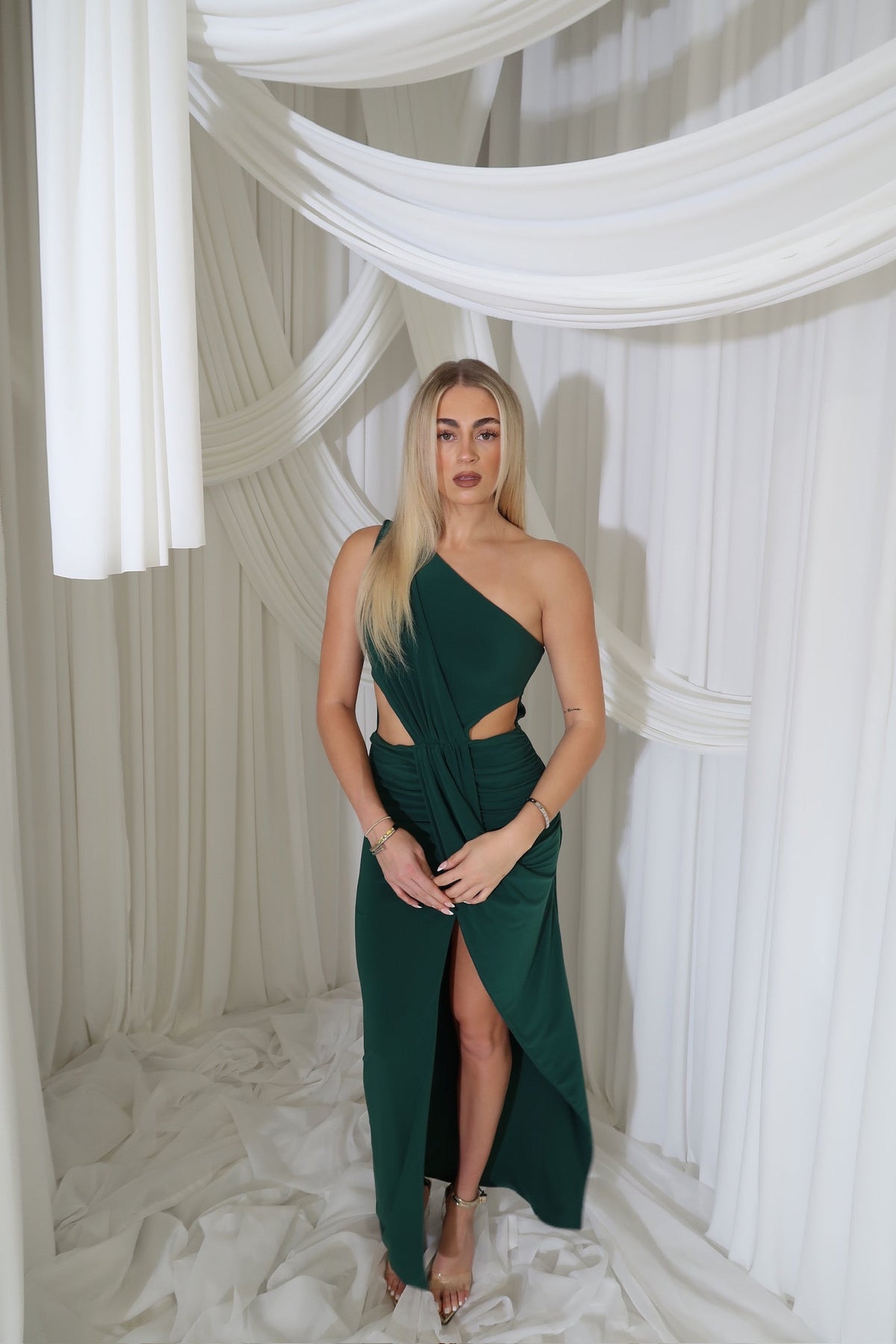 Emerald Green One Shoulder Cut Out Draped Maxi Dress with Split Ice & Rose