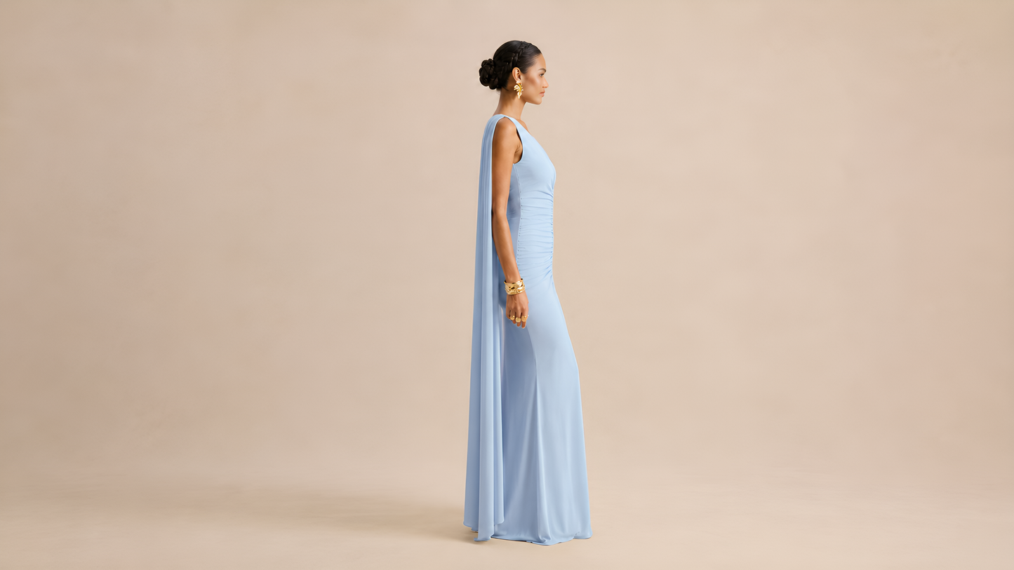 "CASCADE" Ruched Cape Maxi Dress Ice & Rose