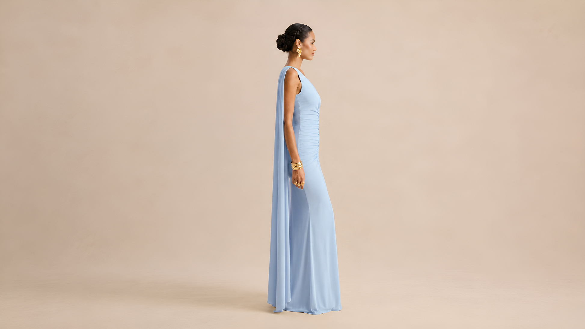 "CASCADE" Ruched Cape Maxi Dress Ice & Rose