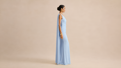 "CASCADE" Ruched Cape Maxi Dress Ice & Rose