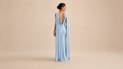 "CASCADE" Ruched Cape Maxi Dress Ice & Rose