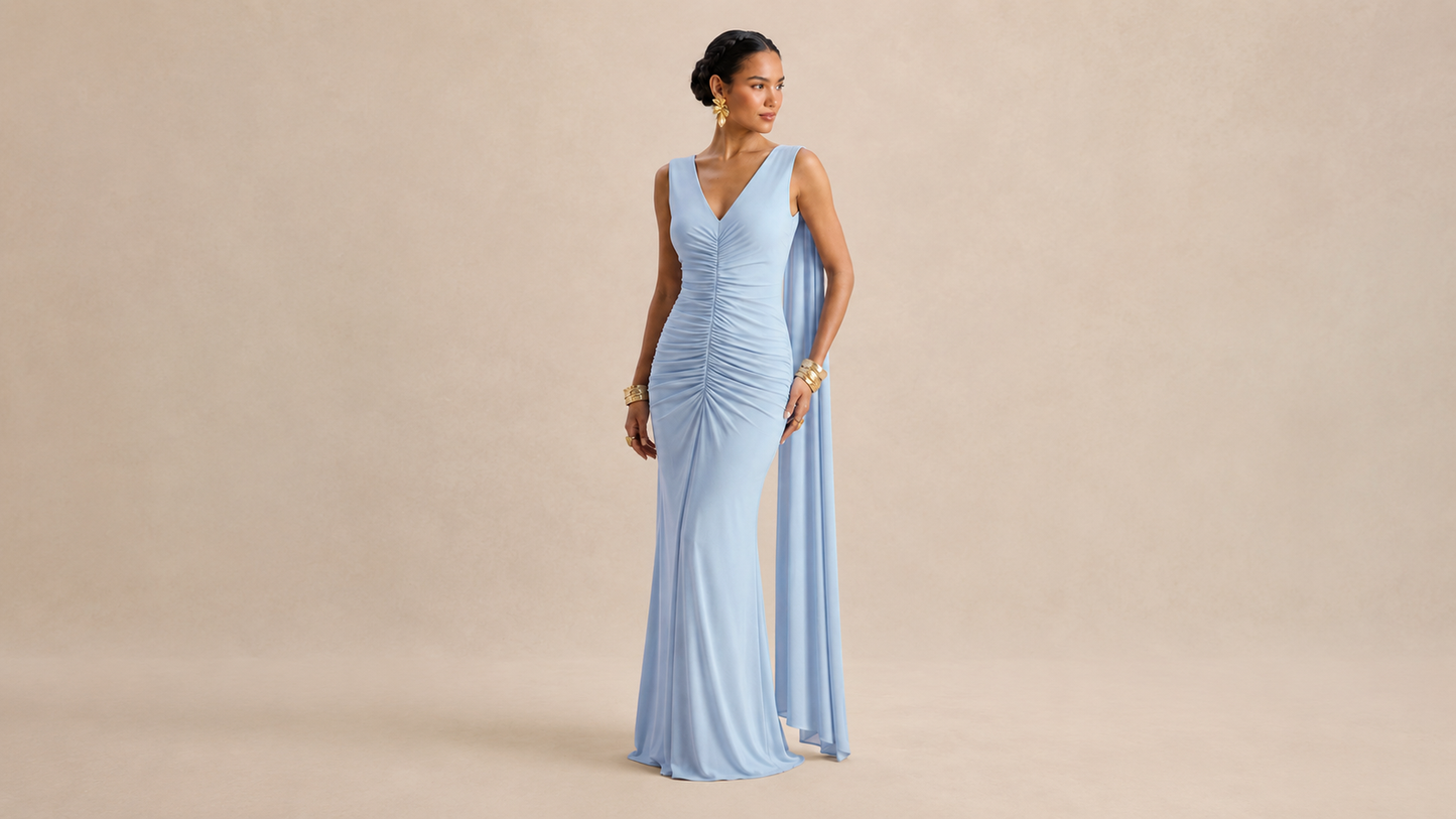 "CASCADE" Ruched Cape Maxi Dress Ice & Rose