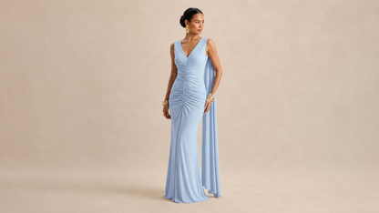 "CASCADE" Ruched Cape Maxi Dress Ice & Rose