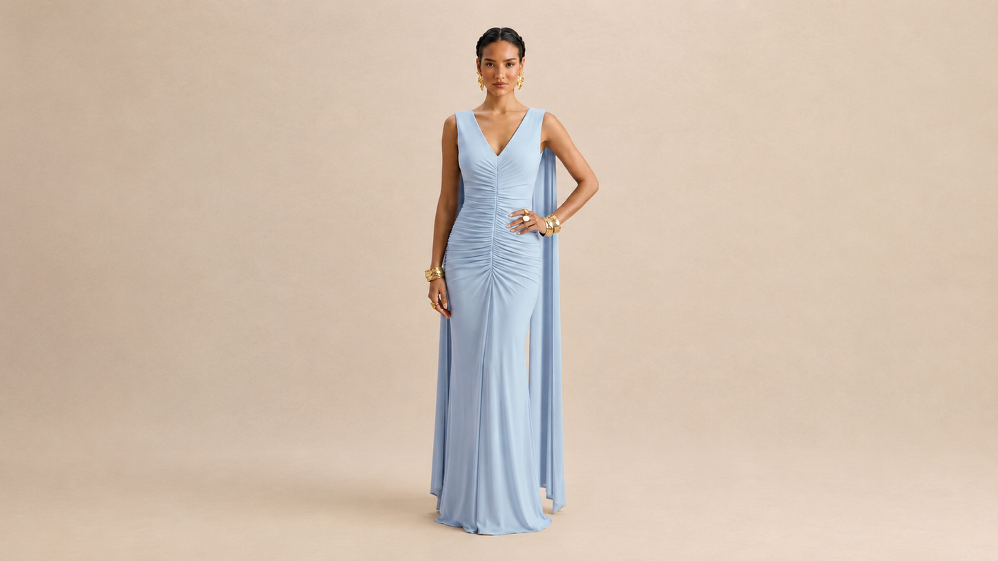 "CASCADE" Ruched Cape Maxi Dress Ice & Rose