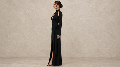 Noir Black Long Sleeve Keyhole Split Maxi Dress Ice & Rose