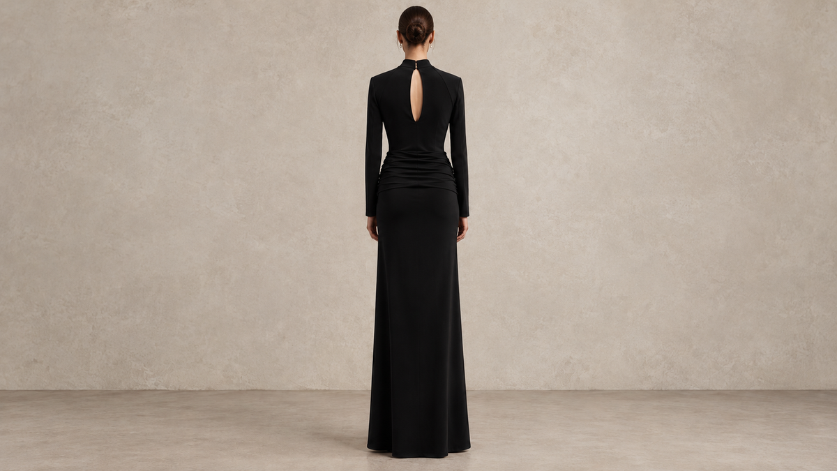 Noir Black Long Sleeve Keyhole Split Maxi Dress Ice & Rose