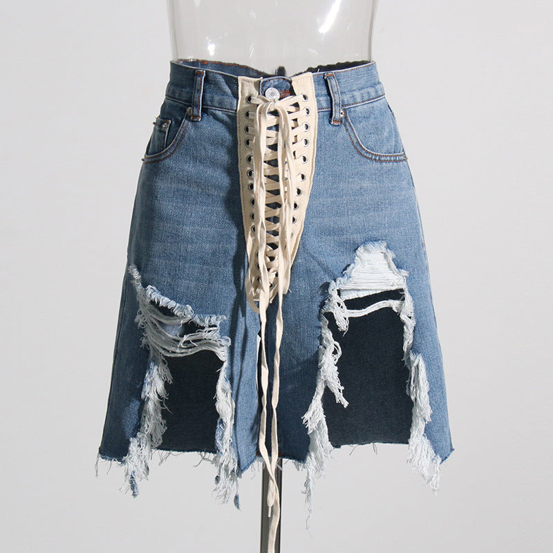 The Lace-Up Distressed Denim Mini Skirt Jeans Ice & Rose