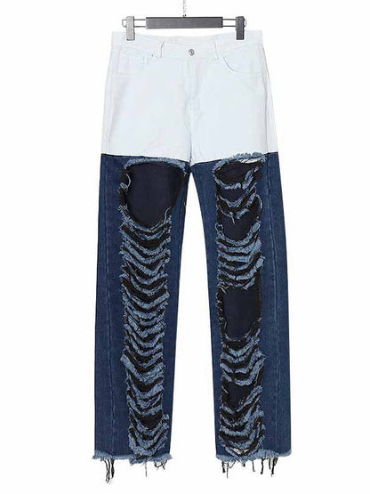 Retro contrast color street fashion style 2026 spring and summer new versatile personality ripped hollow-out straight jeans for women Ice & Rose