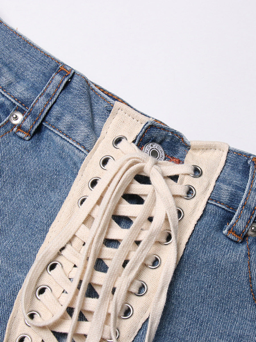 The Lace-Up Distressed Denim Mini Skirt Jeans Ice & Rose
