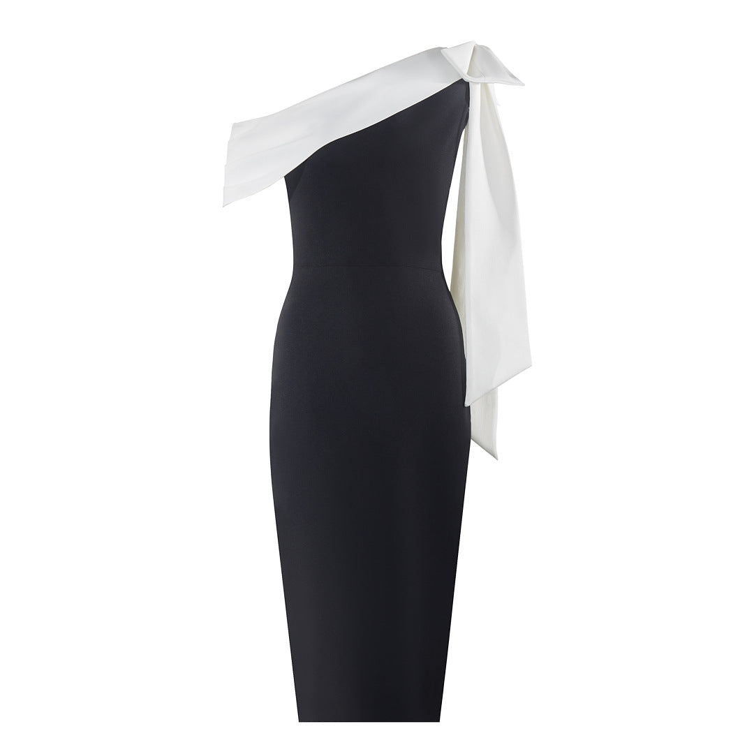 Cross-border women's clothing high-end one-word slim-fit oblique shoulder bandage dress dress banquet evening dress French minority dress Ice & Rose