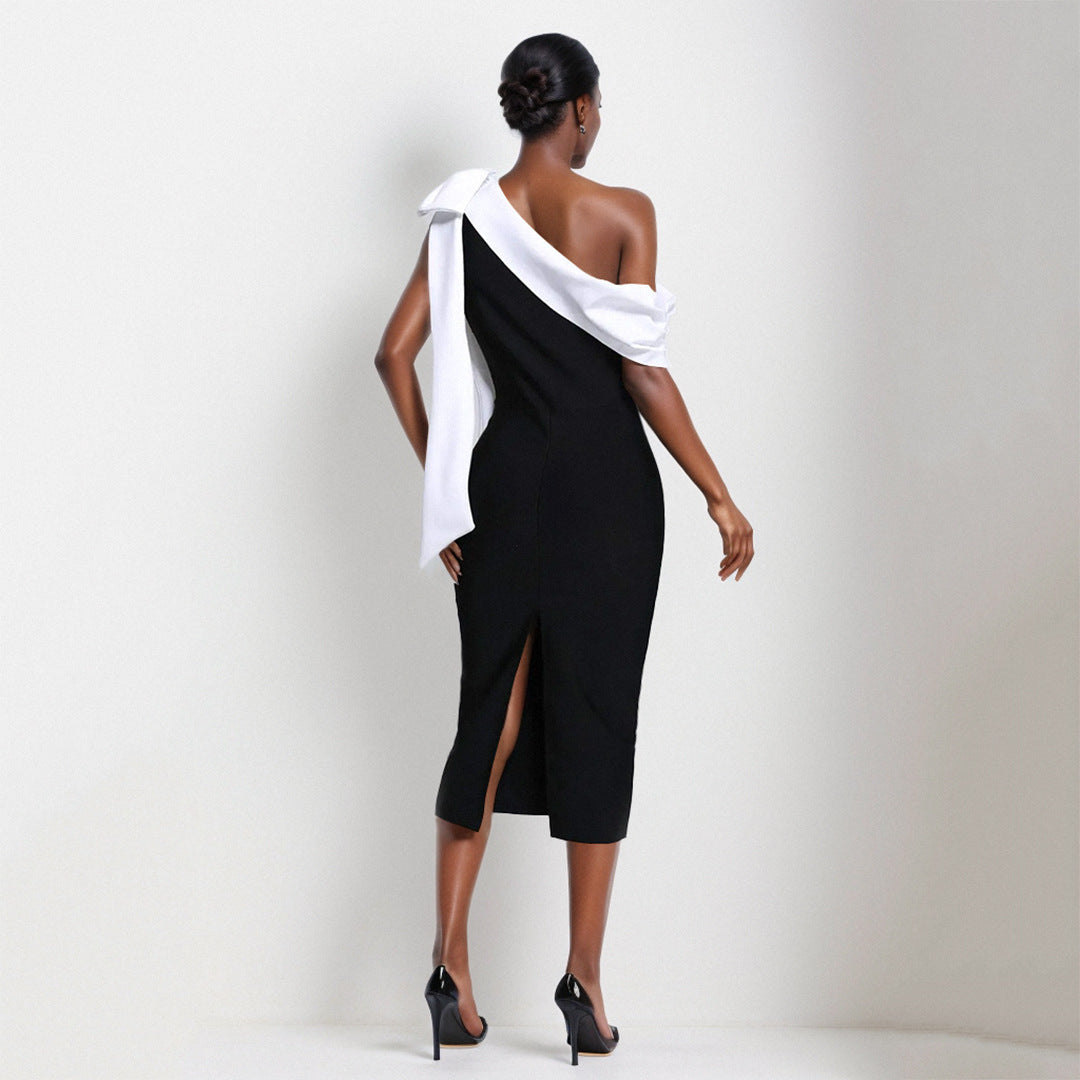Cross-border women's clothing high-end one-word slim-fit oblique shoulder bandage dress dress banquet evening dress French minority dress Ice & Rose