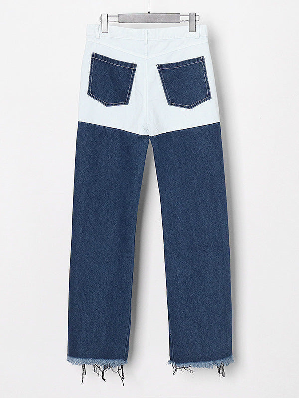 Retro contrast color street fashion style 2026 spring and summer new versatile personality ripped hollow-out straight jeans for women Ice & Rose