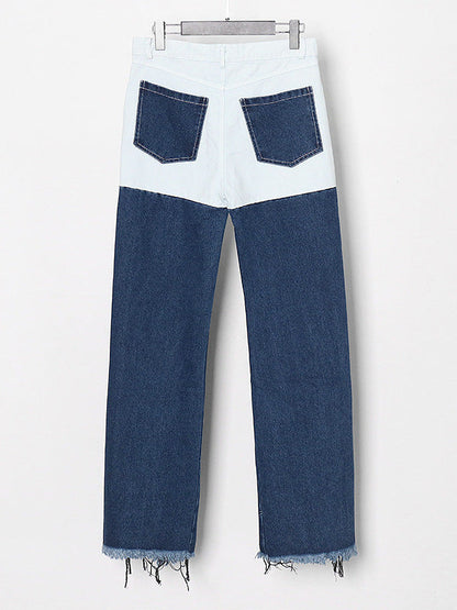 Retro contrast color street fashion style 2026 spring and summer new versatile personality ripped hollow-out straight jeans for women Ice & Rose