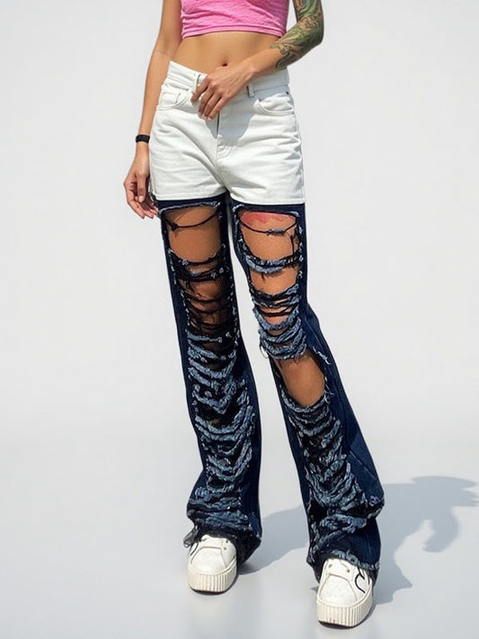 Retro contrast color street fashion style 2026 spring and summer new versatile personality ripped hollow-out straight jeans for women Ice & Rose