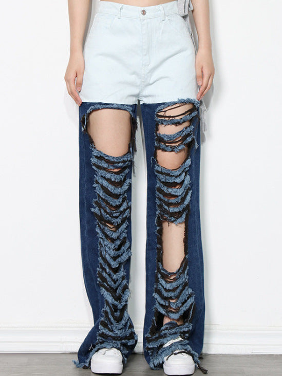 Retro contrast color street fashion style 2026 spring and summer new versatile personality ripped hollow-out straight jeans for women Ice & Rose