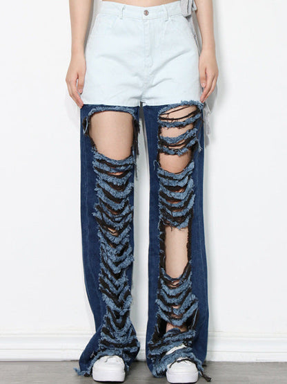 Retro contrast color street fashion style 2026 spring and summer new versatile personality ripped hollow-out straight jeans for women Ice & Rose