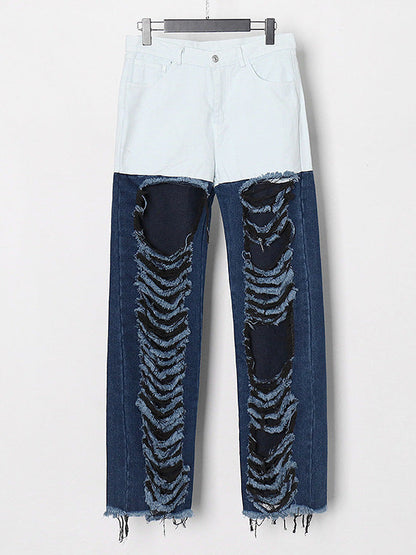 Retro contrast color street fashion style 2026 spring and summer new versatile personality ripped hollow-out straight jeans for women Ice & Rose